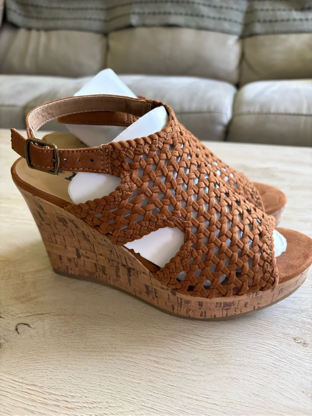 Mudd Cognac Woven Boho Cork Wedge Sandals Size 8M Ankle Strap Platform